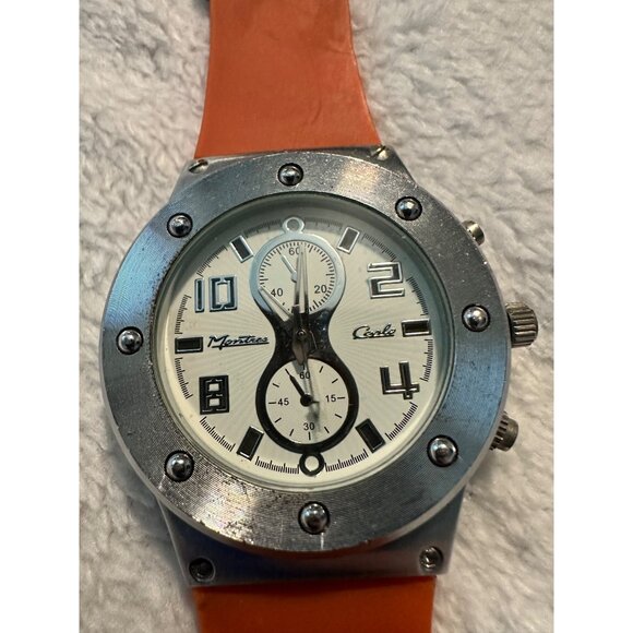 Men's Montres Carlo Faux Chronograph Watch With Orange Neoprene Band & Stainless - Picture 5 of 9